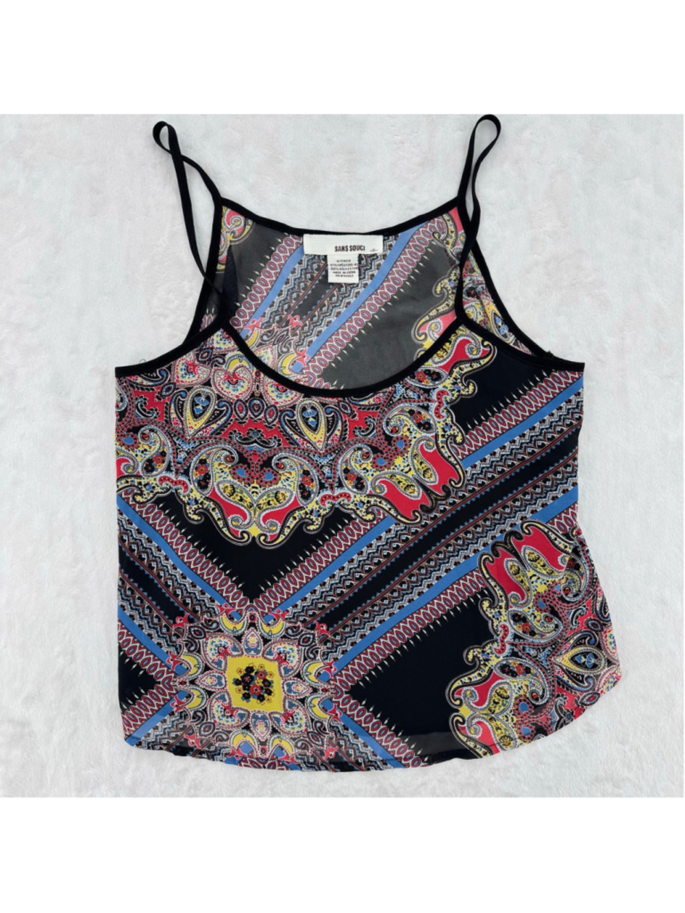 Cropped Cami Black Multicolor Paisley Spaghetti Straps Boho Sans Souci Small